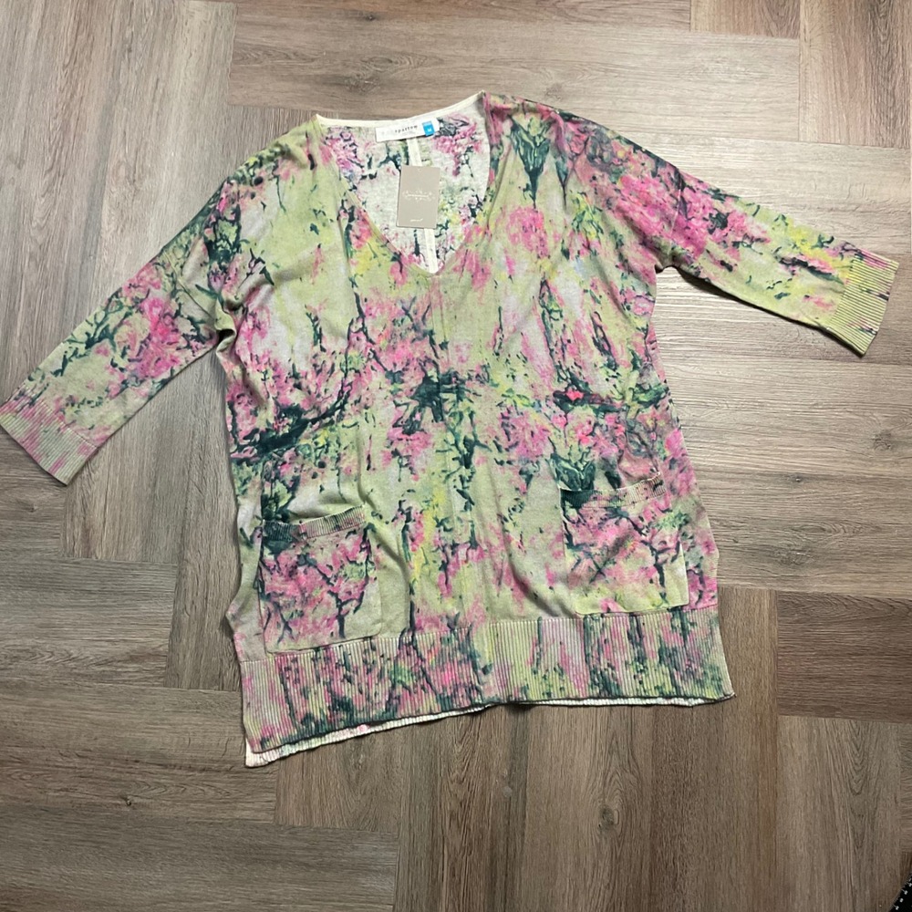 NWT Sparrow Anthropologie Watercolor Linen Blend Sweater Top Medium Pink Green